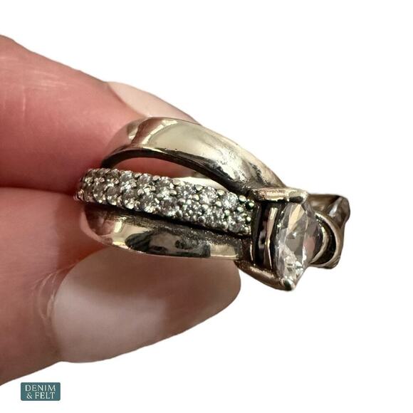 Pandora Sparkling Bow Crossover Ring Sterling Silver Cubic Zirconia Sz 5 - Picture 12 of 16